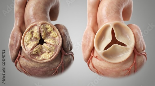 Calcified Aortic Valve Compared with Healthy Heart Valve Medical Illustration