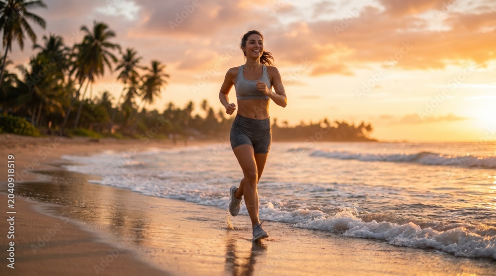 Fototapeta premium Joyful woman runs along a tropical beach at sunset, enjoying an invigorating workout amidst golden light and ocean waves, embodying a healthy and active lifestyle