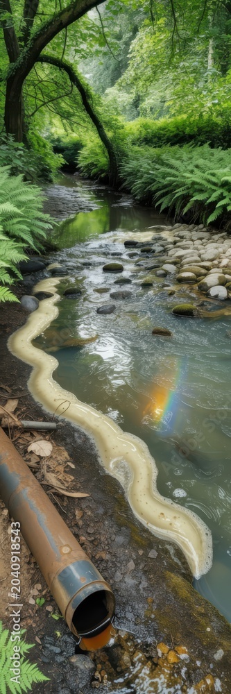 Naklejka premium Polluted forest stream with chemical foam and pipe discharge in lush green woodland highlighting water contamination and ecology
