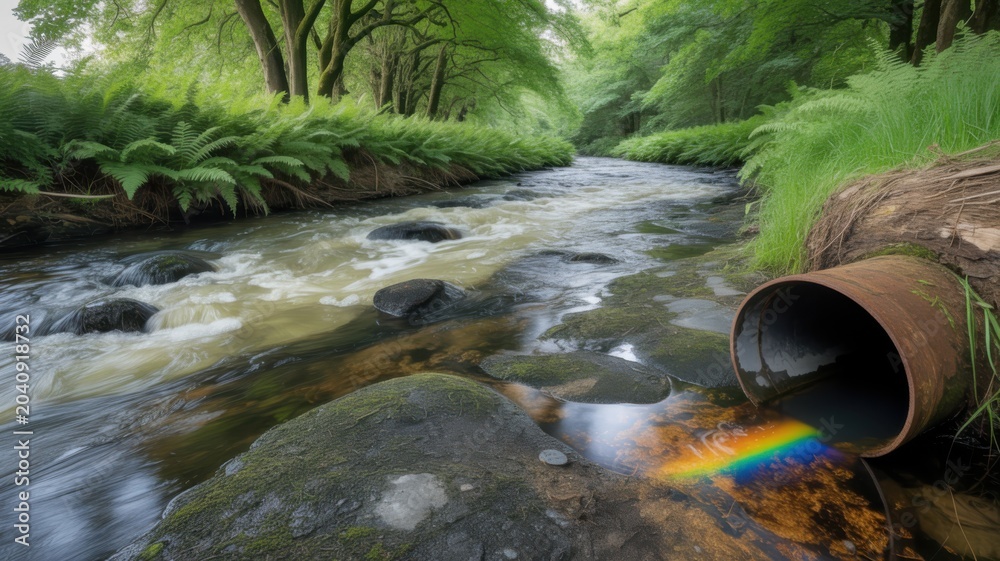 Naklejka premium Rusty industrial pipe discharging toxic rainbow colored chemical waste into a lush green forest stream with rocks and ferns