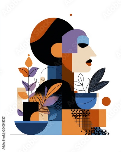 Abstract geometric portrait in profile with layered botanical shapes and bold flat colors
