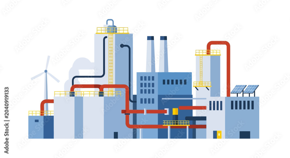 Obraz premium Modern Industrial Factory with Wind Turbine and Solar Panels