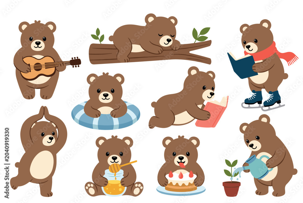 Obraz premium Set of cute cartoon brown bears participating in diverse activities like playing music reading gardening and celebrating.