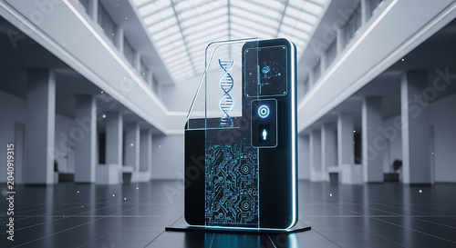 Futuristic Medical Diagnostic Kiosk Featuring a DNA Double Helix and Digital Circuit Interface in a Sleek Modern Laboratory Atrium for Biotech