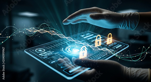 Futuristic Healthcare Professional Protecting Genetic Research Data on Digital Tablet with DNA Helix and Cyber Security Locks