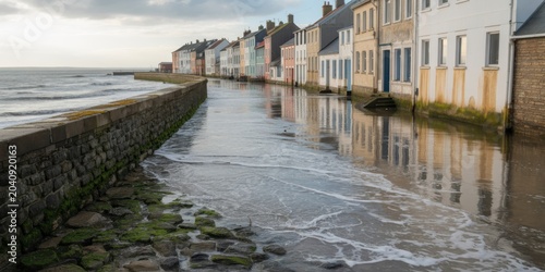 Flooded street with rising water along old town waterfront architecture urban climate impact and severe coastal inundation