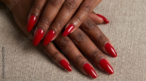 Glossy red manicure on long almond nails with dark skin