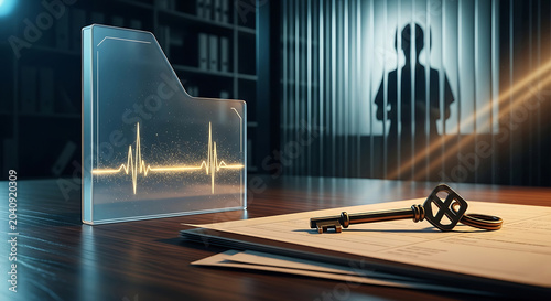 Secured Healthcare Data Privacy Concept with Digital Glowing Medical File Folder Showing Heartbeat Pulse and Metal Key on Legal Documents