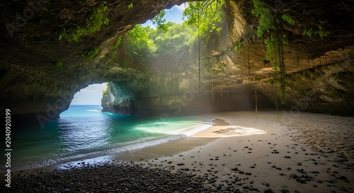 Sunlight streams into a hidden cave opening onto a serene beach with turquoise water