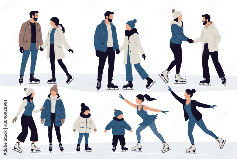 Obraz premium Diverse group of people, couples, and children enjoys a fun winter day by ice skating together on a large frozen outdoor rink.