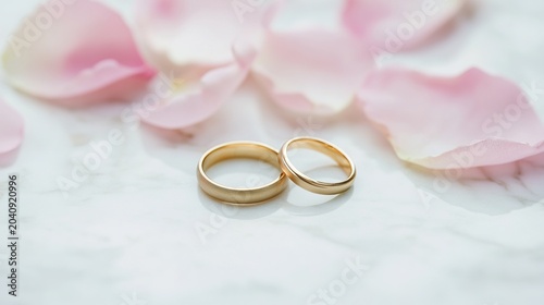 vow. Wedding rings surrounded by pink rose petals on a white marble surface, romantic setting. event programs, museum guides, designed for cultural heritage projects and event programs.