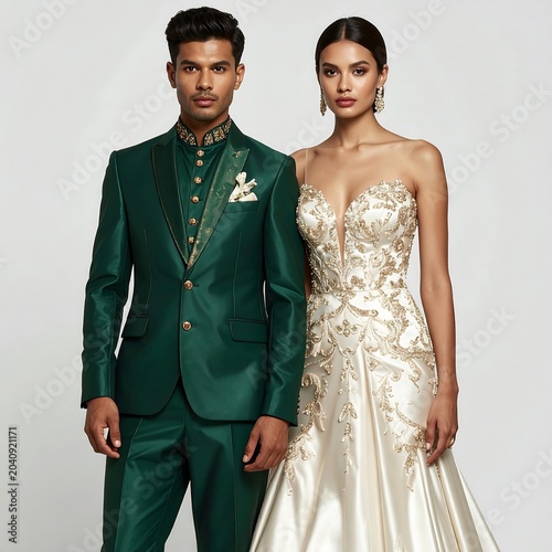 Couple in formal attire posing together indoors.