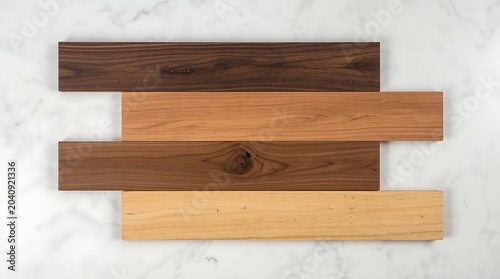 Wooden planks arranged in a layered pattern, showcasing various wood tones and textures.