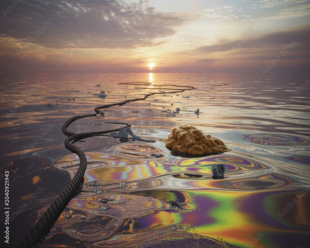 Naklejka premium Iridescent toxic oil spill and long black pipe on frozen icy water reflecting a golden sunset in an environmental pollution disaster