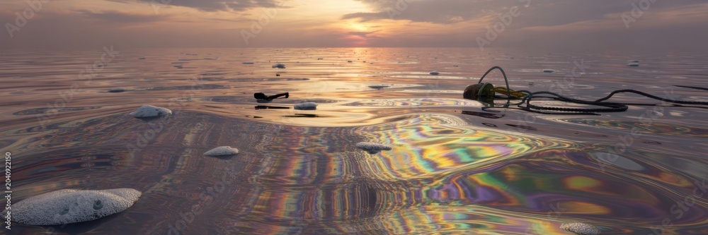 Naklejka premium Iridescent toxic oil spill on a frozen icy beach with debris and wire reflecting a golden sunset in an environmental pollution disaster