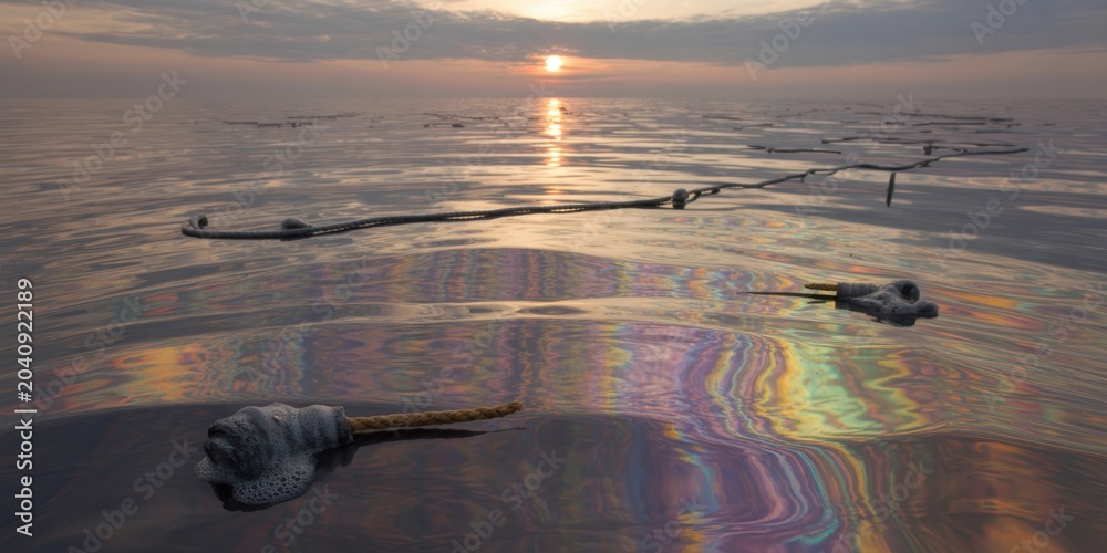 Naklejka premium Iridescent toxic oil spill with floating debris and long black pipe on calm water reflecting a golden sunset in an environmental pollution disaster