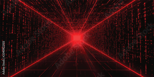 Abstract glowing binary code tunnel with red light and futuristic technology pattern background