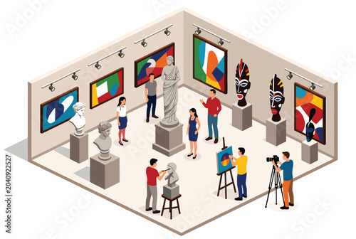Isometric view of people visiting an art museum gallery featuring paintings, sculptures, and tribal masks with visitors and a photographer.