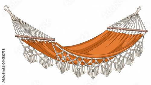 White hammock with macrame fringe and tassels hanging against white background
