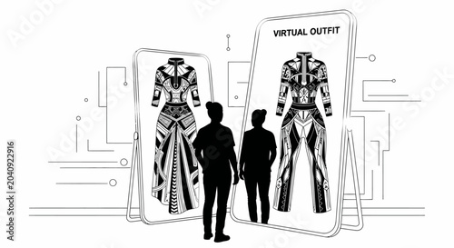 Virtual outfit display silhouettes of figures with futuristic apparel on screens