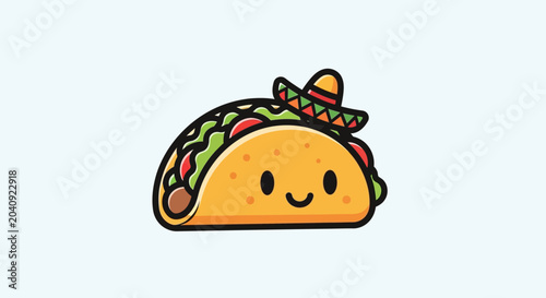 Cute cartoon taco character wearing a sombrero on white background