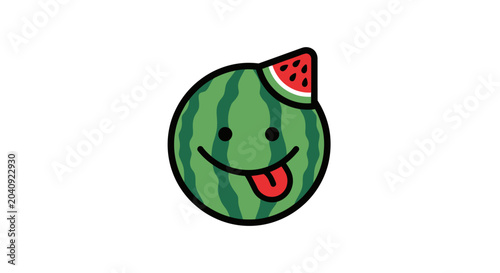 Cute cartoon watermelon emoji sticking tongue out on white background