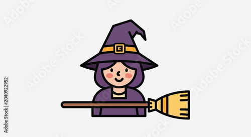 Cute cartoon witch with purple hat holding a broomstick