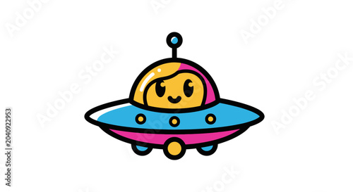 Cute colorful cartoon ufo flying saucer icon on white background