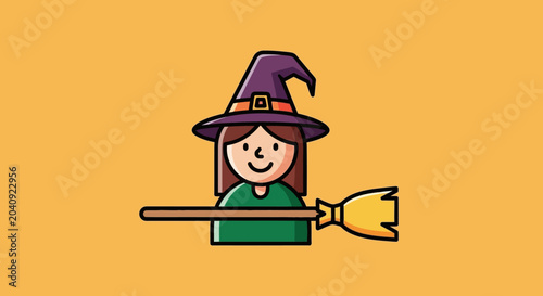 Cute cartoon witch with purple hat holding a broomstick