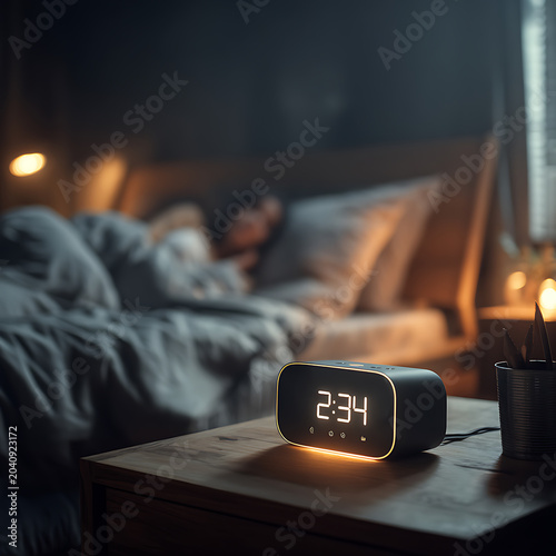 Digital alarm clock glows on bedside table with sleeping couple in background
