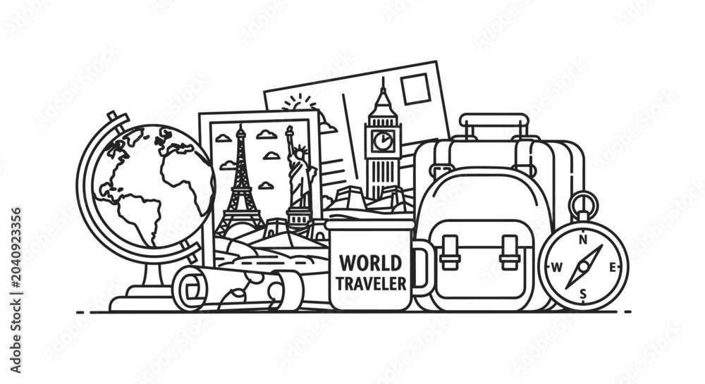 Naklejka premium World travel illustration with backpack globe and famous landmarks