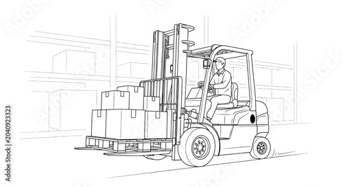Worker operating a forklift truck with boxes in a warehouse