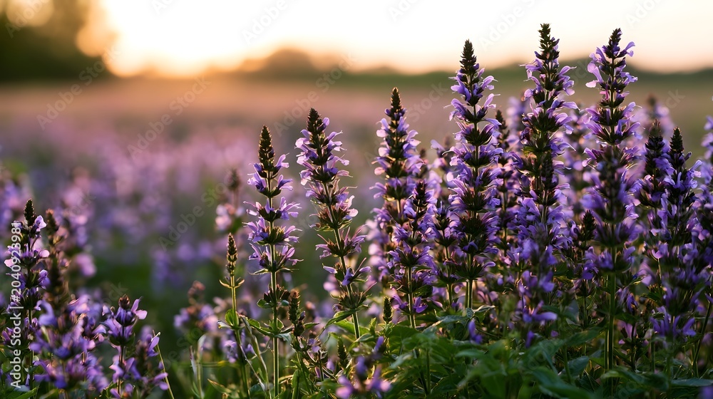 Obraz premium A serene and expansive view of a vibrant lavender field bathed in warm evening golden light