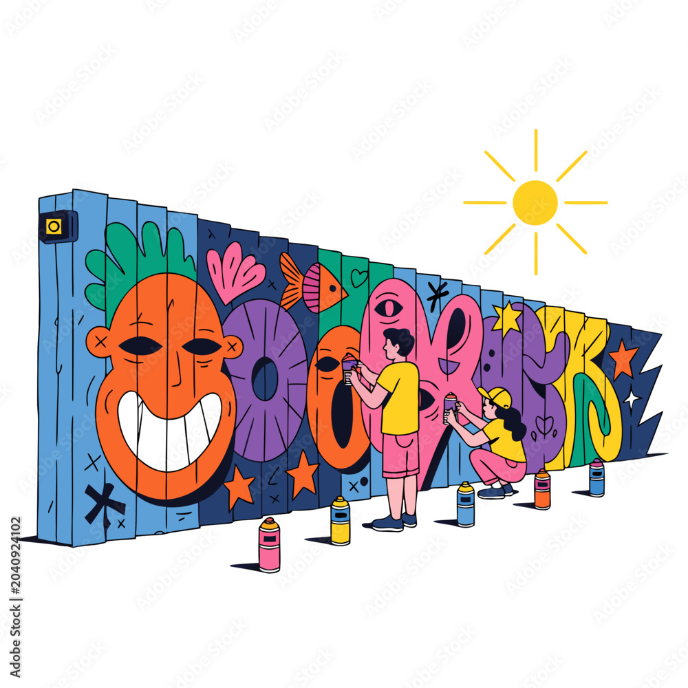Fototapeta premium Colorful graffiti wall, street art mural, urban decor, vibrant illustration