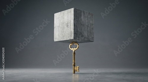 A golden key delicately balancing a heavy concrete cube, symbolizing the pivotal solution to a complex challenge and the path to unlock success and stability