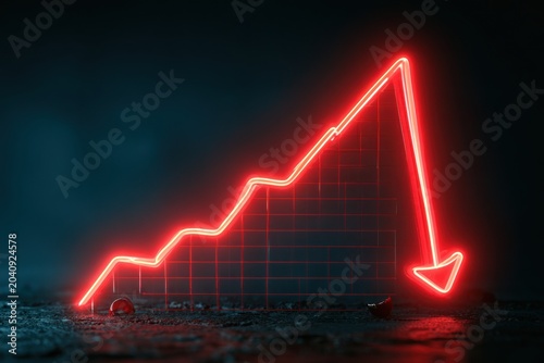 Neon red upward trend graph with downward arrow on dark background, glowing lines and grid