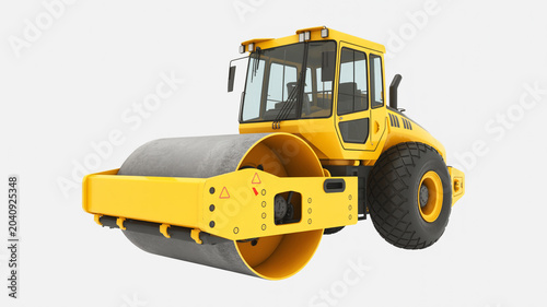 Yellow road roller construction vehicle for asphalt paving and compaction