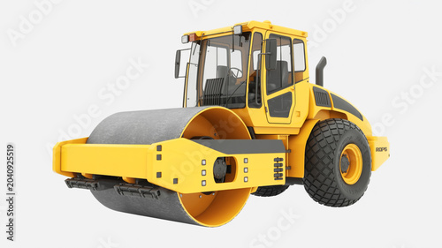 Yellow road roller construction vehicle with large drum and tires
