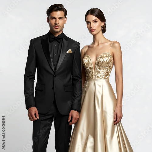 Couple in formal attire posing together indoors.