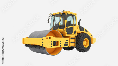 Yellow road roller machine with large drum and rugged tires on a white background