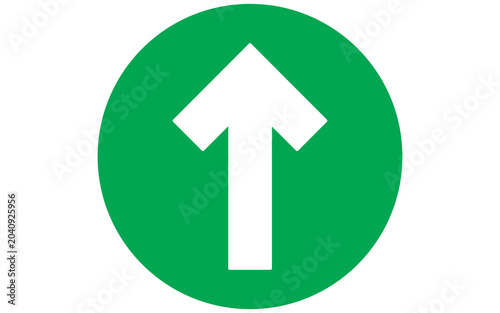 White arrow pointing up inside green circle isolated on white background, straight forward navigation or exit sign icon