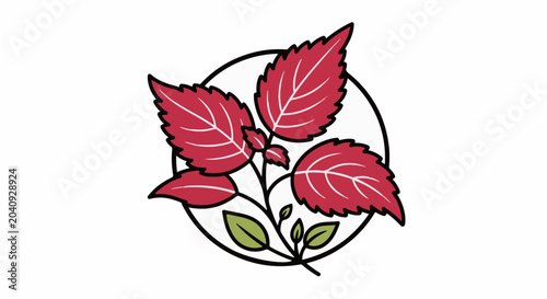 Simple illustration of red and green leaves within a black circle, set against a white background