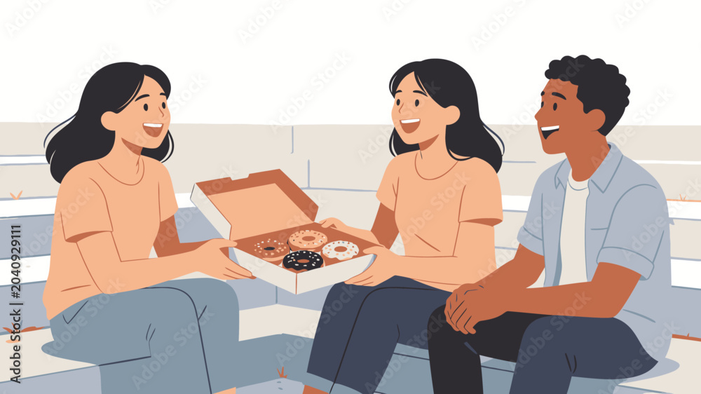Fototapeta premium Friends sharing a box of donuts.