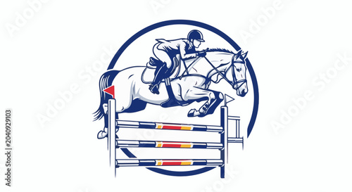 Equestrian jumping competition, rider and horse mid-air over hurdles