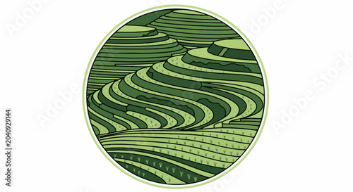 Stylized green terraces with crops, presented in a rounded oval shape with a light green border