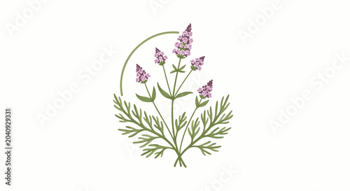 Delicate illustration of purple flower sprigs and feathery green foliage within a green arc