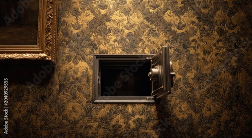 Ornate patterned wall with an open, metallic wall safe and framed art