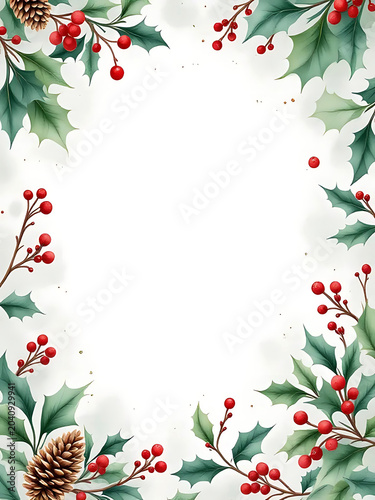 Watercolor Christmas border frame with festive winter foliage and copy space
