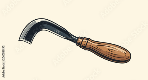 Detailed illustration of a curved wood carving gouge with a smooth, polished metal blade and a wooden handle