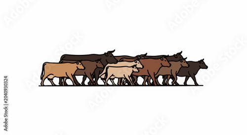 A herd of cattle moves in unison across a white background